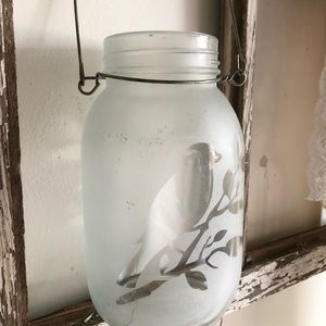 7448 Candle Holder Jar Frosted Bird Pattern Outtake Embellished Jar